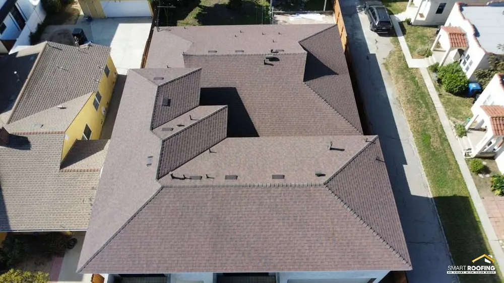 Smart Roofing project - Asphalt Shingle Roof Replacement - Brown / Tan Blend, 16-Photo Aerial Documentation in Los Angeles