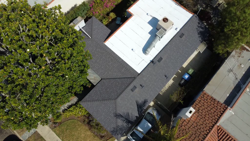 Smart Roofing project - Mixed Roof System - Midnight Shingles and White Polyfresko, Los Angeles in Los Angeles