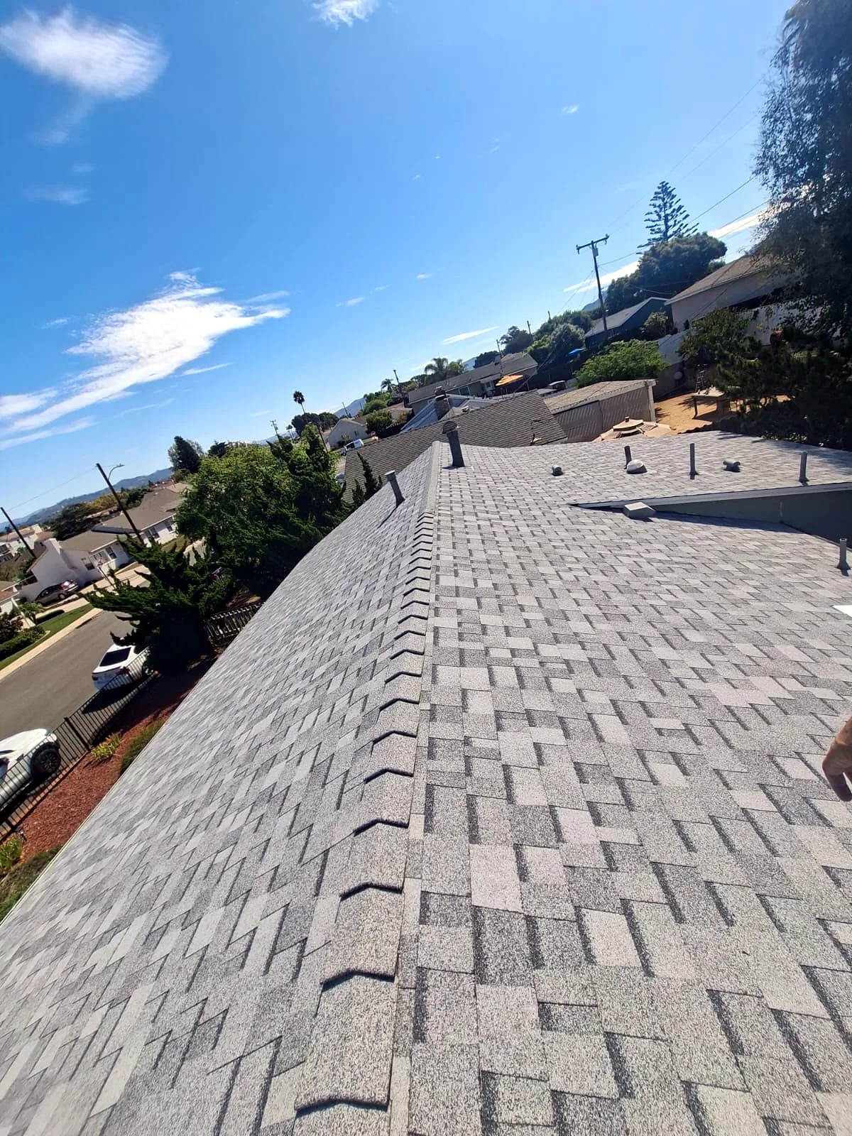 Hip ridge detail on a finished Sierra Gray roof in Camarillo, CA